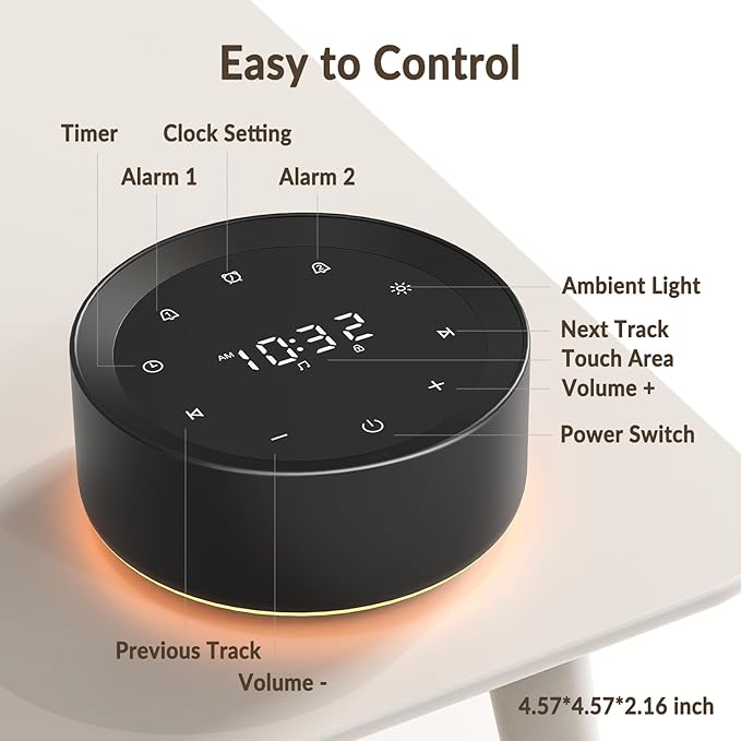 White Noise Machine with Alarm Clock & Night Light for Babies and Adults, 20 Soothing Sounds, Glare-Free Upward Display, Touch Control, Memory Function, 5 Sleep Timers, Black