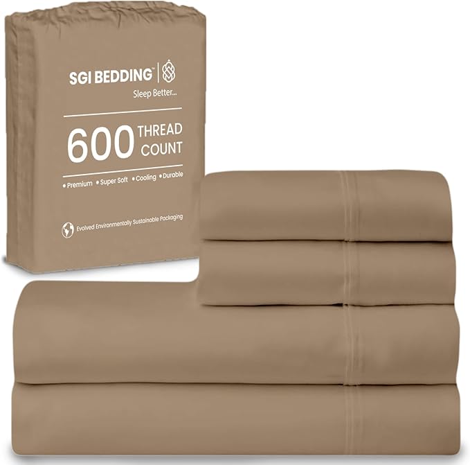 SGI bedding 100% Egyptian Cotton Sheets Twin XL Size – 600 Thread Count Sheets Set, Soft, Cooling, 15" Deep Pocket, Luxury Hotel Bedding, Breathable, Durable - Taupe