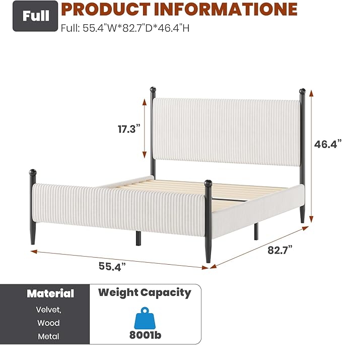 Garvee Full Size Upholstered Bed Frame - with Velvet Headboard, Soft Corduroy Fabric Platform with Wooden Slats Support & Heavy Duty Feet, No Box Spring Needed, Noise Free, Easy Assembly, White