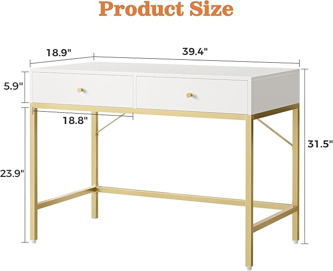 SUPERJARE 39.4" White and Gold Desk with 2 Drawers, Modern Makeup Vanity Desk, Small Computer Desk Home Office Desk for Writing Study Bedroom