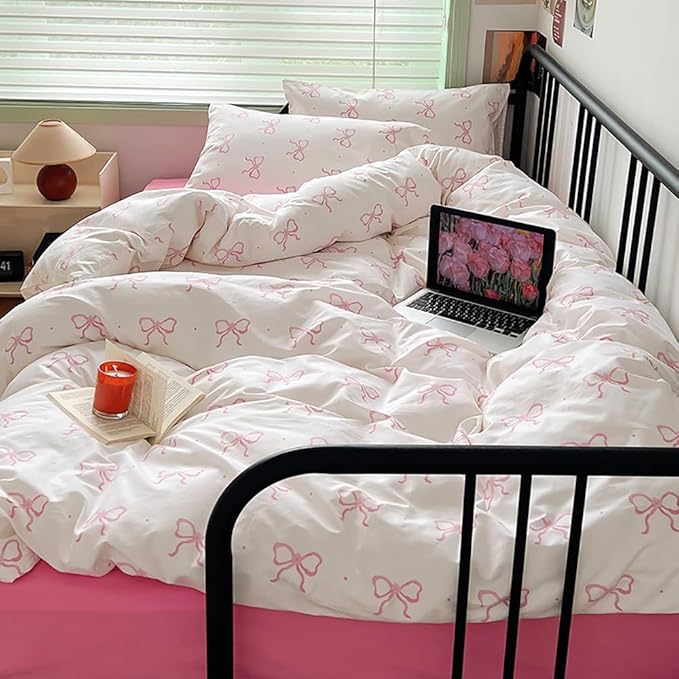 Nayoroom Pink Bow Duvet Cover Queen Size Polka Dot Bowknot Coquette Duvet Cover 3 Pieces Soft Lightweight Microfiber Girls Cute Aesthetic Dorm Bedding Set