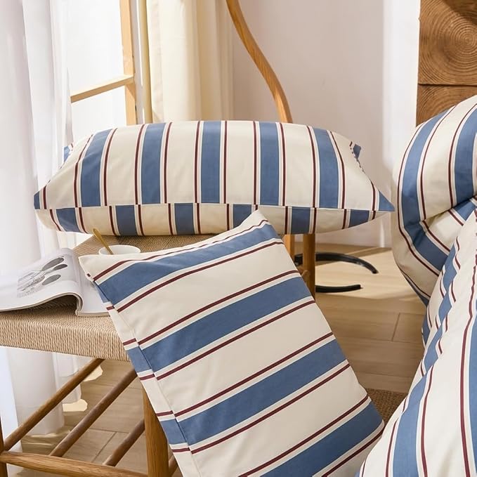 Merryword White and Blue Striped Pillowcases, 100% Cotton Pillow Cases, Standard Size Pillowcases, Luxury Linen Like Pillowcase, Soft Breathable Stripe Pillow Covers, Set of 2
