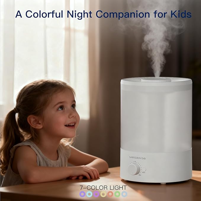 MEGAWISE 3.5L Cool Mist Humidifier – Ultra-Quiet Ultrasonic Vaporizer with Top-Fill Design, Essential Oil Diffuser, 7-Color Night Light & Auto Shut-Off