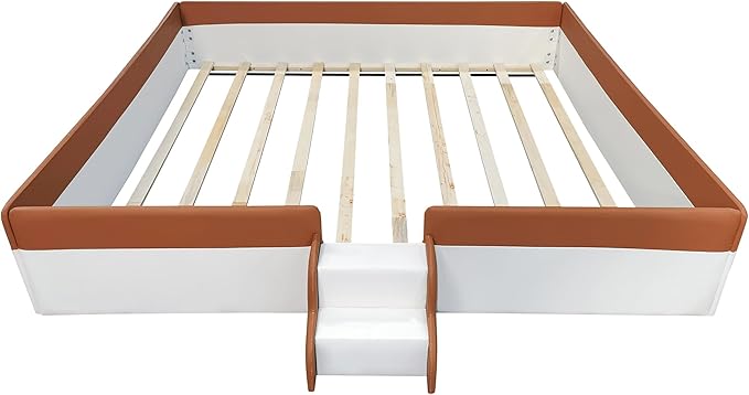 Merax King Size Kids Floor Bed, Daybed Frame with Fence and Stairs, Upholstered Wood Bed for Living Room, White+Brown