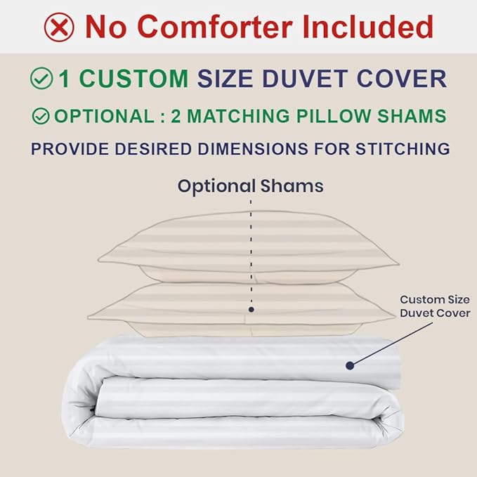 Kotton Culture Custom Duvet Cover -100% Egyptian Cotton 600 Thread Count Soft Premium Breathable Customizable Comforter Cover(Desired Dimensions)-Zipper Closure & 7 Internal Ties -Striped White