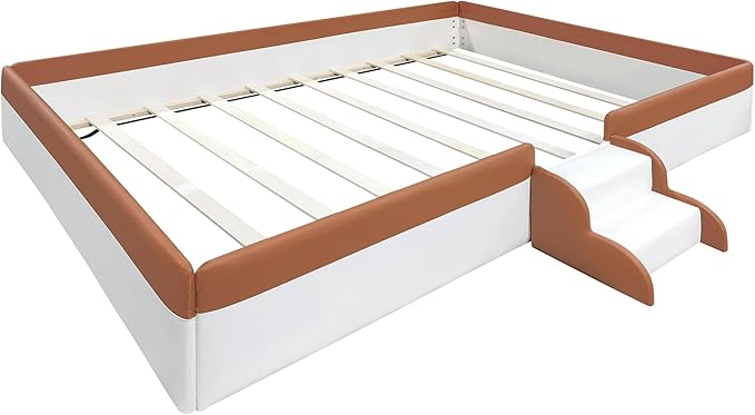Merax Full Size Daybed Frame with Fence and Stairs, Upholstered Wood Bed for Living Room, Floor Bed, White+Brown
