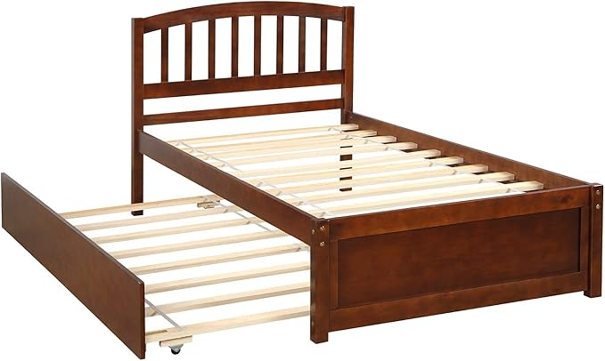 Ball & Cast Trundle Bed Twin,Twin Trundle Bed Frame Roll Out,Solid Wood Bed Frames with Headboard and Wooden Slats Support,for Bedroom,Guest Room,Apartment,Walnut
