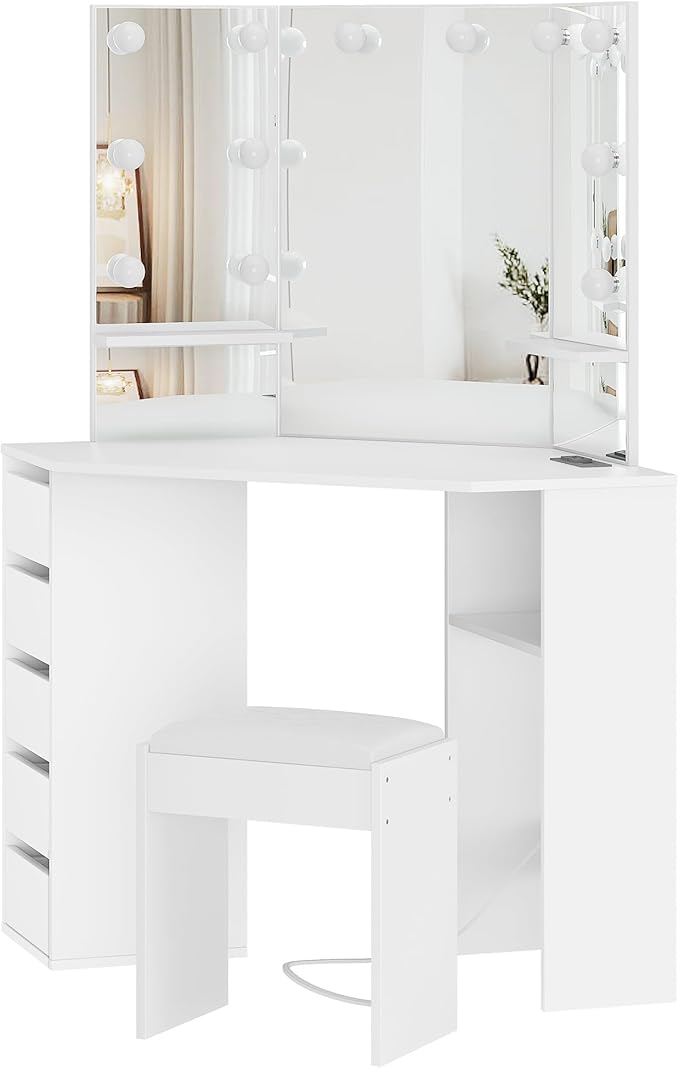 Garvee Corner Vanity Desk and Bench, Makeup Vanity Table with 3-Folding Lighted Mirrors, Charging Station, 5 Drawers for Bedroom