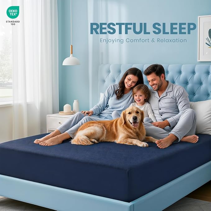 Queen Size Mattress Protector Waterproof, Premium 200 GSM Terry Mattress Cover, Soft & Breathable Bed Cover, Fitted Sheet Style Stretchable Deep Pockets 17" by Utopia Bedding (Navy Blue)