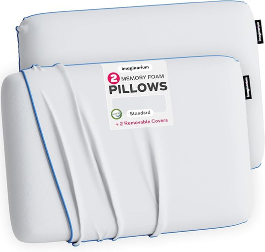 Imaginarium 2 Pk Cooling Bed Pillows for Sleeping, 2 Memory Foam Cooling Pillows for Back, Stomach Sleeper, Gel Side Sleeper Pillow, Cold Pillows That Stay Cold, Removable Zipper Cover (White/Blue)