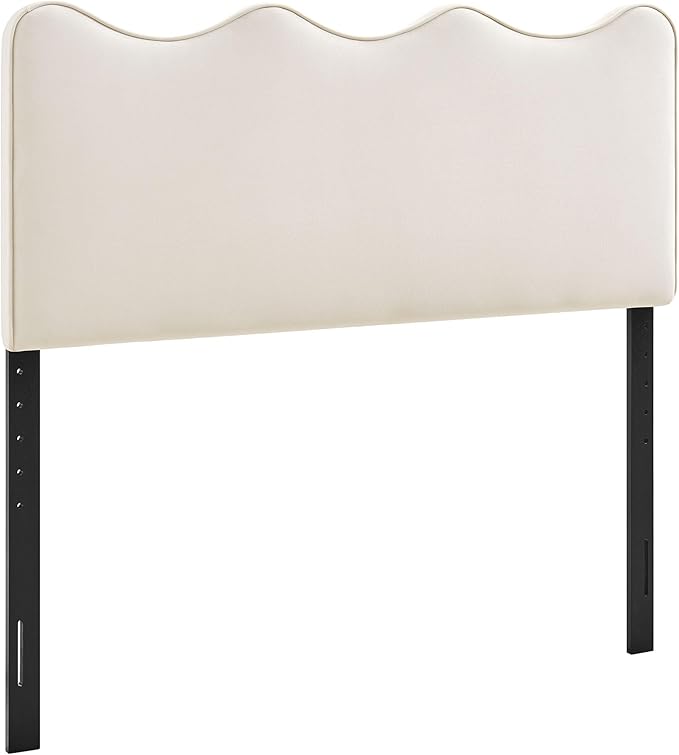 Monday Athena King Size Performance Velvet Adjustable Headboard in Alabaster - with Scalloped Wave Design and Stain-Resistant Velvet Upholstery