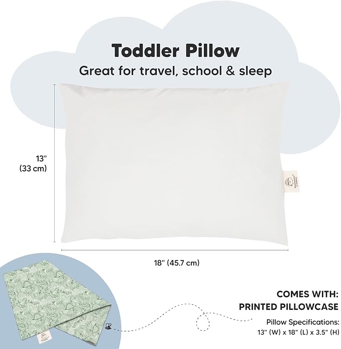 Toddler Pillow with Pillowcase - 13x18 My Little Dreamy Kids Travel Bed Pillows for Sleeping, Organic Cotton Small Pillowcase, Soft & Breathable, Machine Washable, Toddlers 2-5 years old (DinoDood)