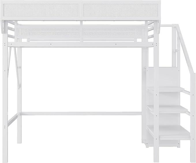 SOFTSEA Metal Loft Bed Storage Shelves, Twin XL Size Loft Bed Frame with Wardrobe, High Loft Beds with Stairs and Guardrail for Kids Bedroom, No Box Spring Needed, White