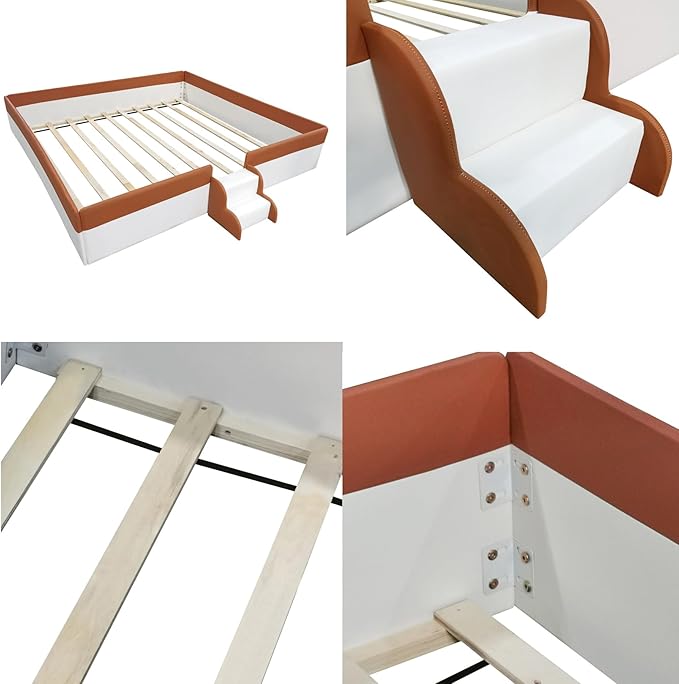 Merax King Size Kids Floor Bed, Daybed Frame with Fence and Stairs, Upholstered Wood Bed for Living Room, White+Brown