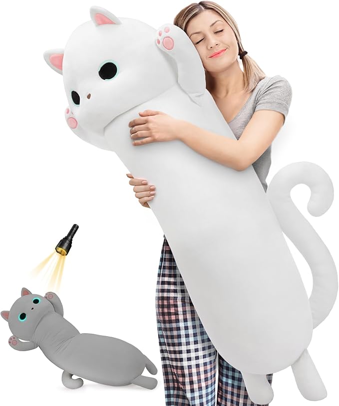 MaoGoLan Long Cat Plush Body Pillow, 44'' Giant White Glow in The Dark Cat Stuffed Animal Toy for Girl Boy Kid, Big Cute Kitty Plush Throw Pillow for Valentines Birthday Gift, Baby Shower Party Decor