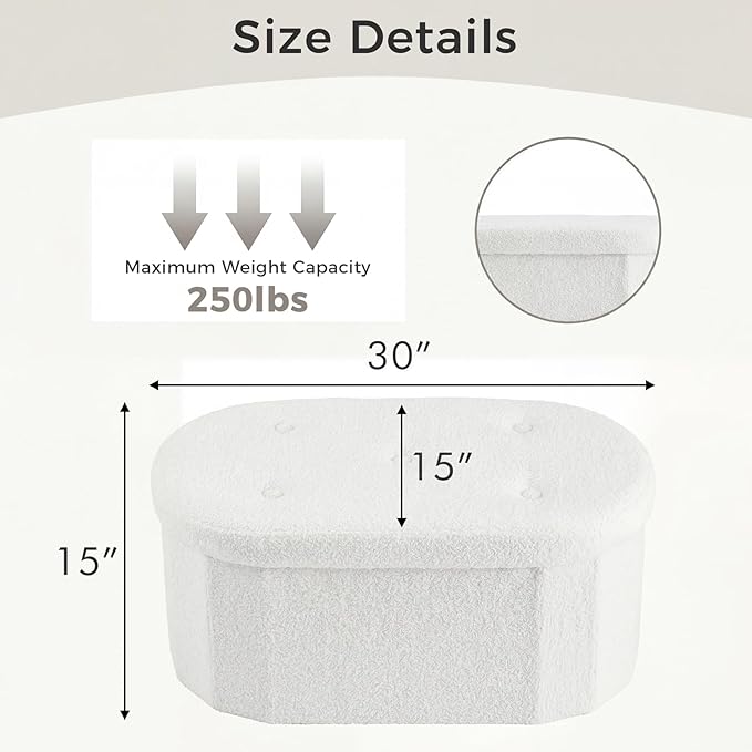 DUMOS Folding Storage Ottoman Bench, Oval Round Ottoman End of Bed Foot Rest Bench Stool with Cushion, Storage Chest for Bedroom, Living Room, Entryway, Dorm, Teddy Fabric, White