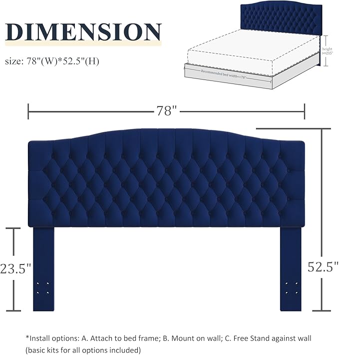 Befurtori King Headboard Only, Upholstered Headboard King Size for Adjustable Bed Velvet Tufted Wall Mounted Head Board with Solid Wood Legs, Navy Blue
