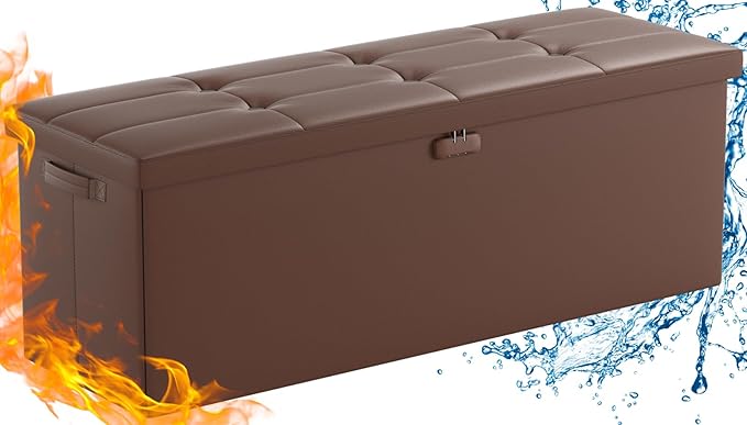 ENGPOW Storage Ottoman, Fireproof Folding Bench with Lock(15”x 43”x15”), Water-Resistant ＆ Heat Insulation Large Storage Chest with Handles＆2 Extra Spaces Safe for Living Room, Bedroom, Home, Brown