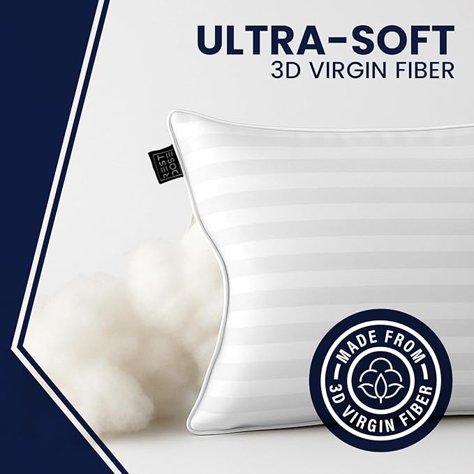 Bed Pillows for Sleeping, Set of 2 – Cooling, Hotel Quality with Soft Down Alternative Fill for Back, Stomach & Side Sleepers | White Striped Queen