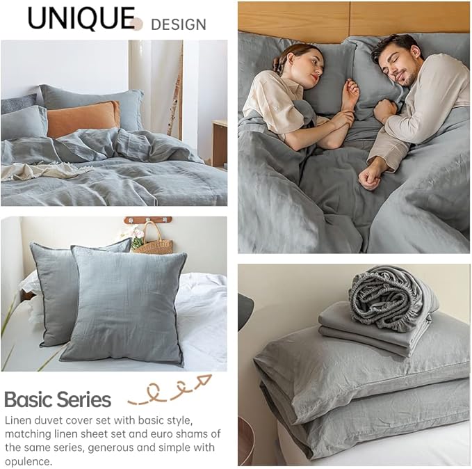 Simple&Opulence 100% Linen Duvet Cover Set 3pcs Basic Style Natural French Washed Flax Solid Color Soft Breathable Farmhouse Bedding with Button Closure - Ultimate Grey, King