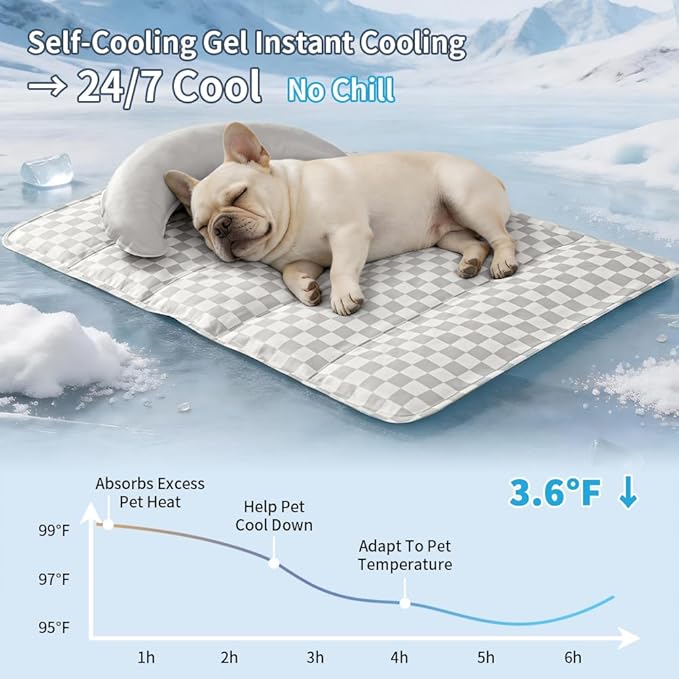 SOMAHE Pet Cooling Mats Pad for Dogs, Portable Summer Self-Cooling Mat with Removable Crescent Pillow for Small Dogs & Cats (Q-Max>0.5), Non-Toxic, All-Day Cooling, 27 x 20 Inches Grey