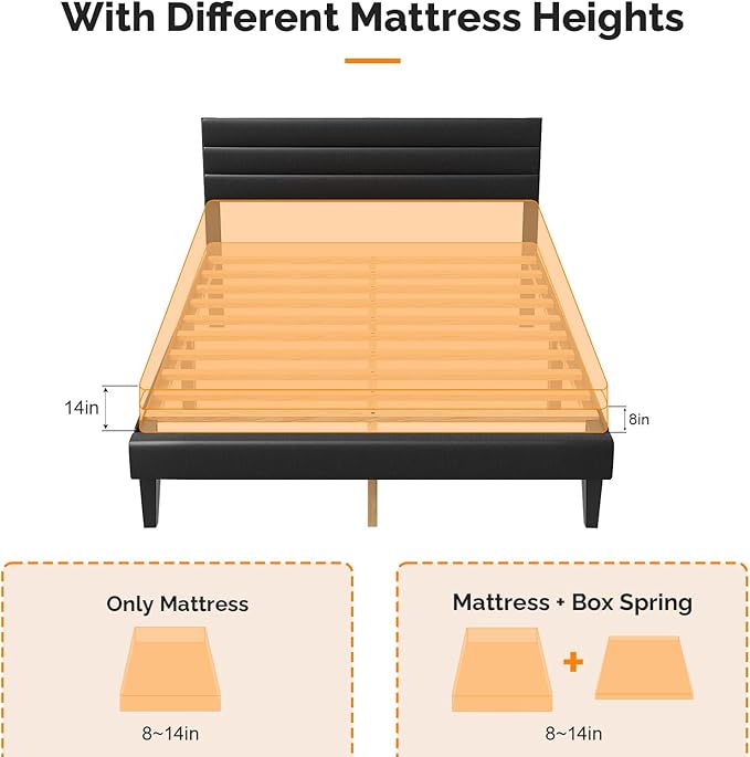 VINGLI Full Faux Leather Bed Frame, Upholstered Platform Bed with Adjustable Headboard, Wood Mattress Foundation with Heavy Duty Slats Support,Luxury Modern,No Box Spring Needed, Black