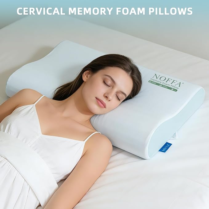Cervical Neck Pillow for Neck Pain Relief, Neck Support Pillows for Sleeping, Contour Memory Foam Pillow with Cooling Pillowcase, Orthopedic Pillow for Side Back Stomach Sleeper, Medium Soft