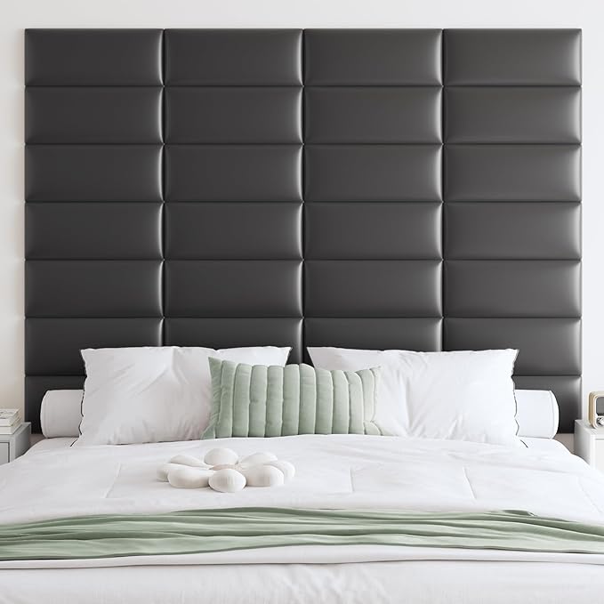 IFNOW Wall Mounted Upholstered Headboard Full, 3D Peel and Stick Soundproof Panels, Reusable and Removable Padded Leather Bed Headboard, 6 Panels 9.84" x 23.62", Black