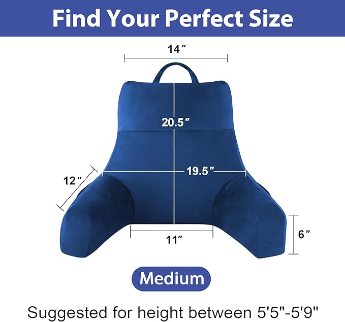 IPYNBAP Reading Pillow with Arms for Adults, Back Pillow for Bed Sitting Up, Shredded Memory Foam Backrest Pillow with Pockets & Removable Washable Cover, Lounging, Watching TV, Reading(20inch Navy)
