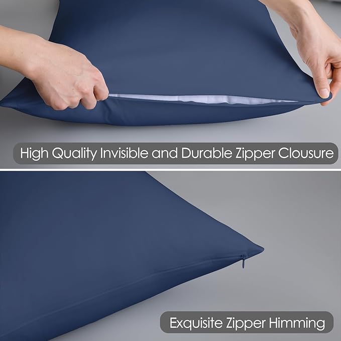100% Egyptian Cotton Pillow Protectors Set of 4, 600 Thread Count Queen Size Bed Pillow Cases with Zipper, Sateen Weave Cooling Pillow Cases Quiet and Breathable Easy Care (4PCS, Queen, Navy Blue)