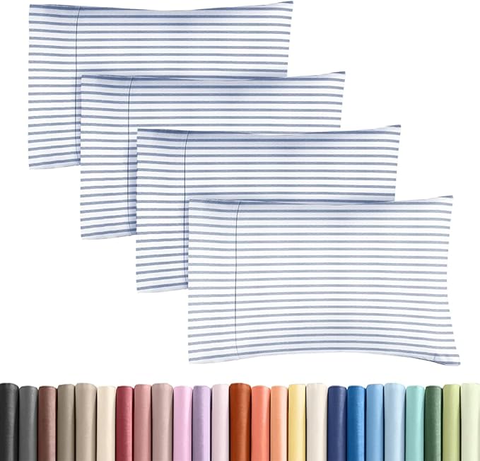 Standard Pillow Cases Set of 4 - Soft Hotel Quality Pillowcase Covers - Comfy, Cozy Bedding for Women, Men, Kids & Teens - Machine Washable Pillow Protectors - 4 Piece - Standard Size Blue Stripes