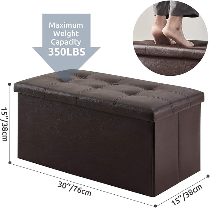 YOUDENOVA Folding Storage Ottoman, Faux Leather Ottoman Bench Footrest Ottoman, Storage Chest Padded Seat for Bedroom and Living Room, Brown, 15" D x 30" W x 15" H