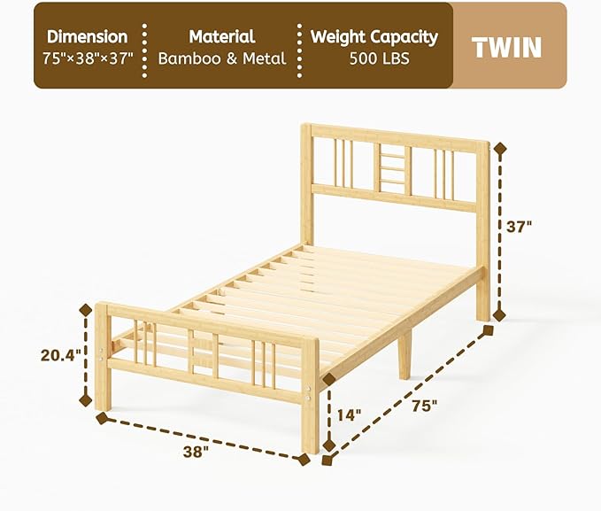 14 Inch High Bamboo Twin Bed Frame with Headboard and Footboard, Wood Bed Frame Twin Metal Slat Support Heavy Duty, No Box Spring Needed, Easy Assembly, Noise Free, Reinforced