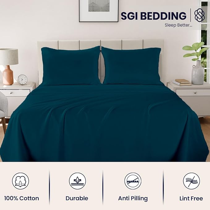 SGI Bedding 100% Egyptian Cotton Sheets Queen Size – 600 Thread Count Sheets Set, Soft, Cooling, 15" Deep Pocket, Luxury Hotel Bedding, Breathable, Durable - Teal