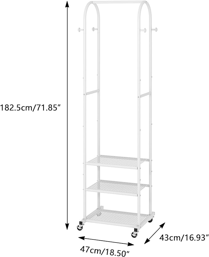 Kaitiemoo Heavy Duty Clothing Rack with Wheels,Modern Garment Rack with 3 Metal Shelves, 71.8Inches Display Rack for Hanging Clothes, Hanging Rod for Small Spaces,White