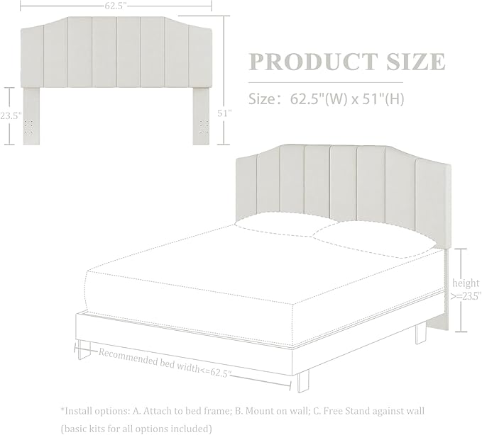 Furpopup Velvet Queen Size Headboard, Upholstered Headboard Queen/Full Size Wall Mount and Bed Frame Mount, Featuring High-Density Sponge Padding Luxury Texture Easy Assembly Comfort Style-Cream