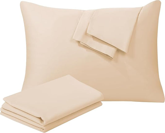 100% Egyptian Cotton Pillow Protectors Set of 4, 400 Thread Count Sateen Weave Pillowcase, Easy Care Zippered Style Pillow Covers (Beige, 4 Pack, King)