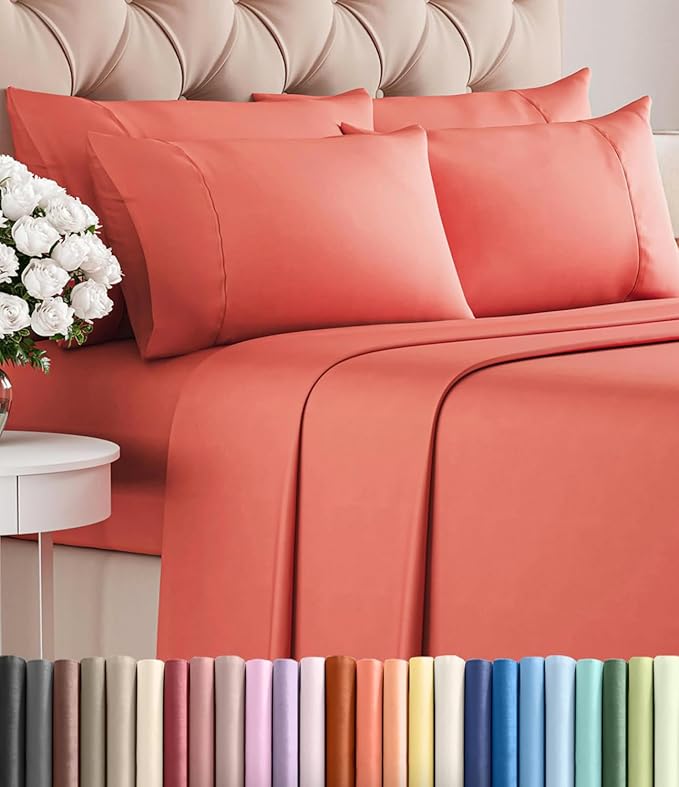King 6 Piece Sheet Set - Comfy, Breathable & Cooling - Soft Hotel Luxury Bedding for Women, Men, Kids, Teens & Children - 1 Flat & 1 Fitted Sheet & 4 Pillowcases w/ Deep Pockets - Wrinkle Free - Coral