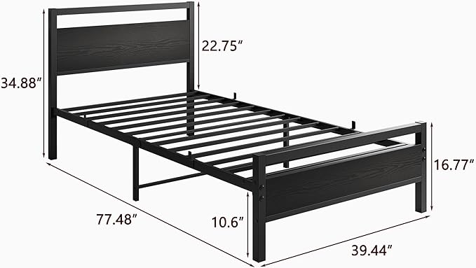 HOJINLINERO Black Twin Bed Frame with Wood Headboard,Metal Single Platform Bed Frame Twin Size No Box Spring Needed,Heavy Duty Metal Slats Support,Mattress Base,Noise Free,Easy Assembly,Black