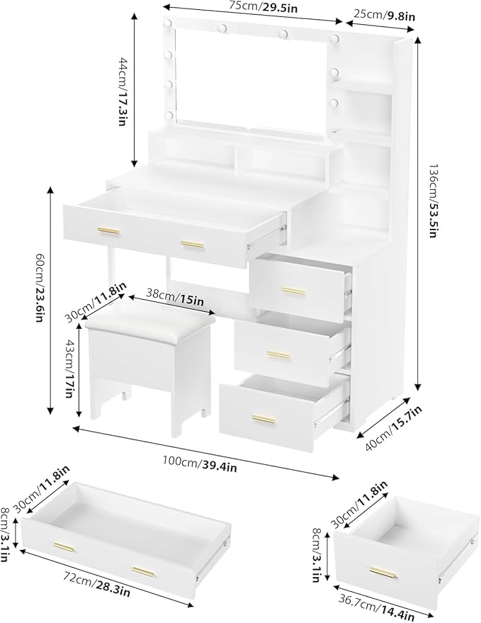 GarveeHome Vanity Desk, Makeup Vanity Table with Mirror & 9 LED Light Bulbs, 4 Large Drawers and 3 Tiers of Open Shelves for Bedroom, White