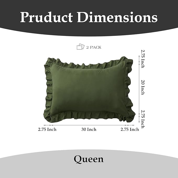 Ruffle Pillow Cases Queen Size Set of 2 – Soft Wrinkle Resistant Brushed Microfiber Ruffled Pillowcases –Envelope Pillow Shams Cover Festive Gift for Hotels,Guest Rooms 20x30 Inch (Olive Green)