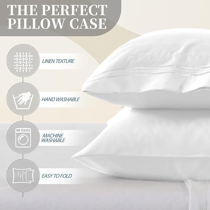 Vonty 2 Pack Queen Pillow Cases - 20x30 Inch, 1800 Thread Count Microfiber Pillowcases Queen Size White Pillow Cases Luxury & Soft Embroidered Bed Pillow Covers with Envelope Closure