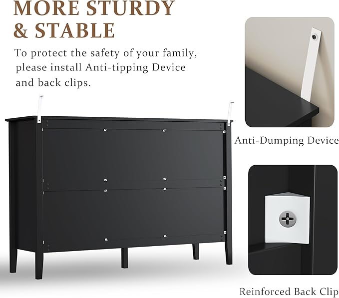 FansaFurn Black Dresser Fluted 6 Drawer Dresser Wide Modern Chest of Drawers Large Closet Dressers Wood Storage Dressers Organizer Storage Cabinet for Bedroom Living Room Hallway Entryway