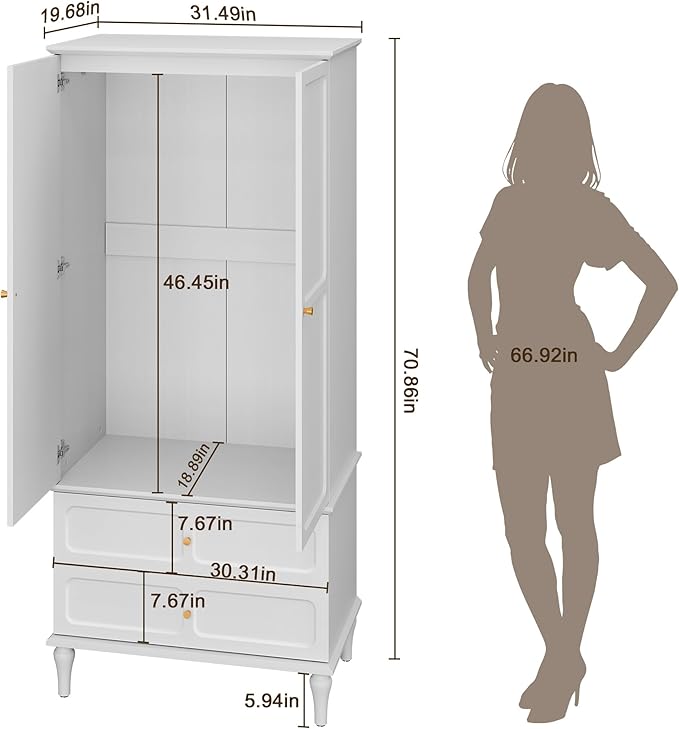 HLR 71" Mid-Century Modern Armoire Wardrobe Closet with Doors and Drawers,Wooden Armoire Storage Cabinet with Hanging Rod for Bedroom,Large Capacity Storage,White