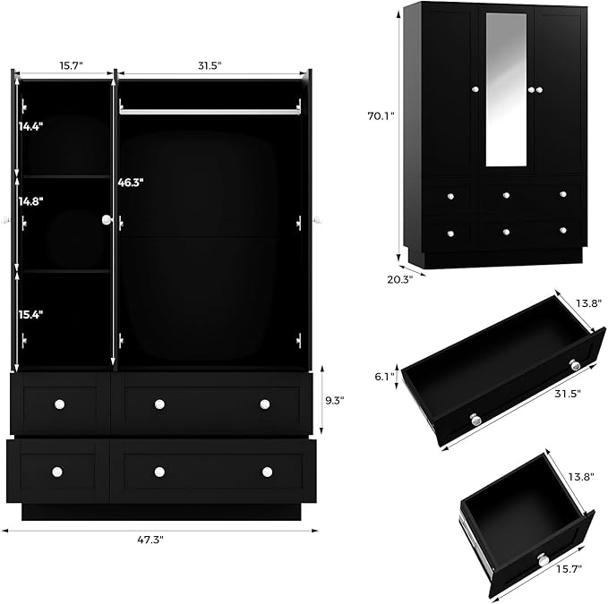VOWNER Wardrobe Closet with 3 Doors, Bedroom Armoire with Mirror, LED Light, 4 Drawers and Hanging Rod, Large Capacity Storage Closet for Bedroom, Black 47" L