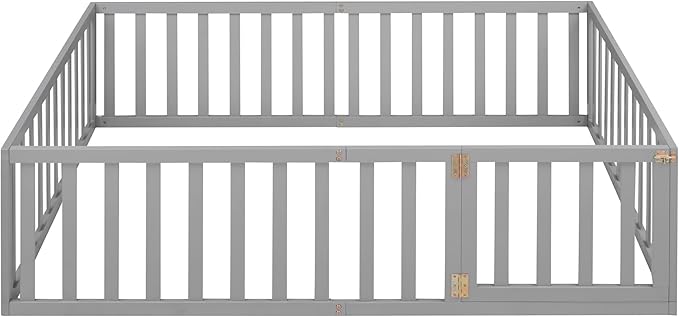 Bellemave Full Size Montessori Floor Bed with 21.7" High Rails, Pine,Plywood Floor Bed with Small Door, Grey