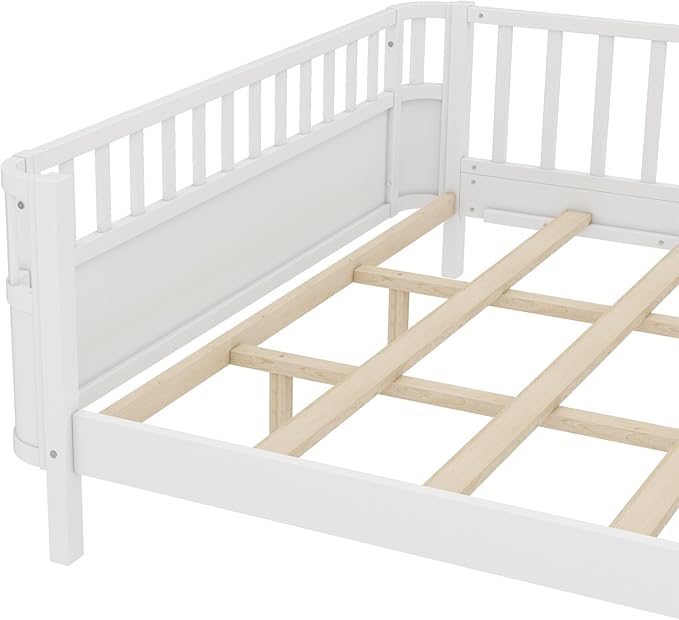 Bellemave Queen Size Montessori Bed with Fence & Slats, Platform Bed Frame with Detachable Side Rails, Rounded Corners, Safe & Easy Assembly,White Montessori Bed Queen Size