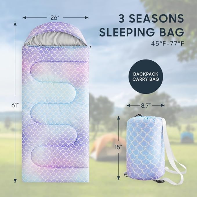 Wake In Cloud - Kids Sleeping Bag for Girls Toddlers, Camping in Warm Cold Weather, Backpacking Lightweight Compact Outdoor Liner for 3 Seasons Summer Spring Fall, Mermaid Purple Blue