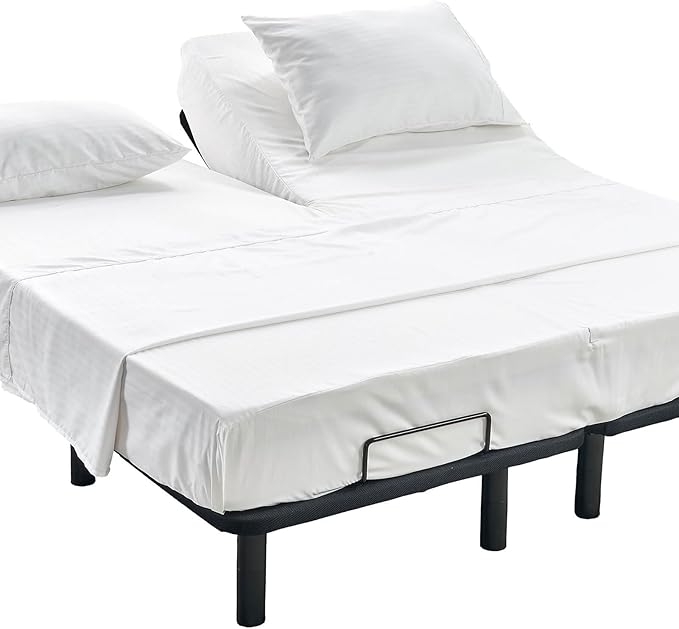 Kingnex Striped Split Top California King Sheets Sets for Adjustable Bed 4 Pieces Include 1 Flex Head Fitted Cal King Sheet 1 Flat Sheet 2 King Size Pillowcases White