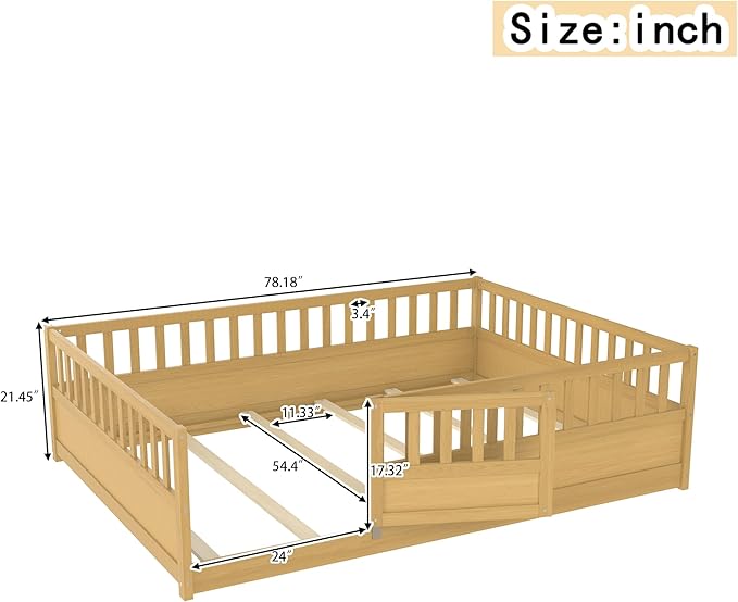 Bellemave Full Size Floor Bed with Slats and Door, Full Size Montessori Floor Bed with Rails, Easy Assemble Montessori Beds Frame for Bedroom, Natural